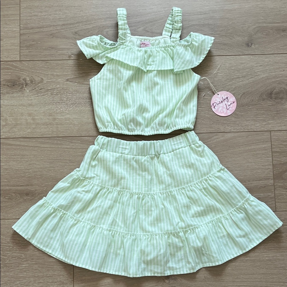 Paisley Lane Pastel Green Striped Kids Skirt Top Set